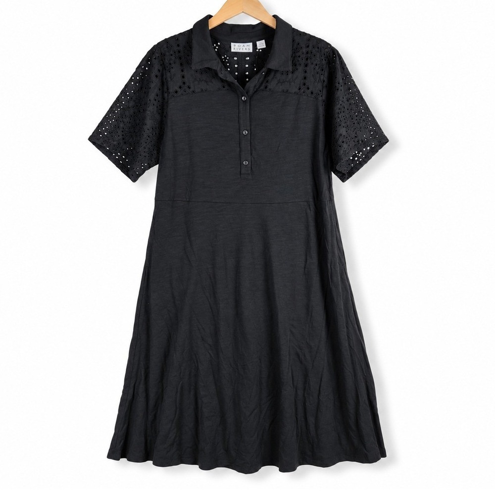 Joan Rivers Womens Large Black Eyelet Short-Sleeve Henley Midi Dress A720788